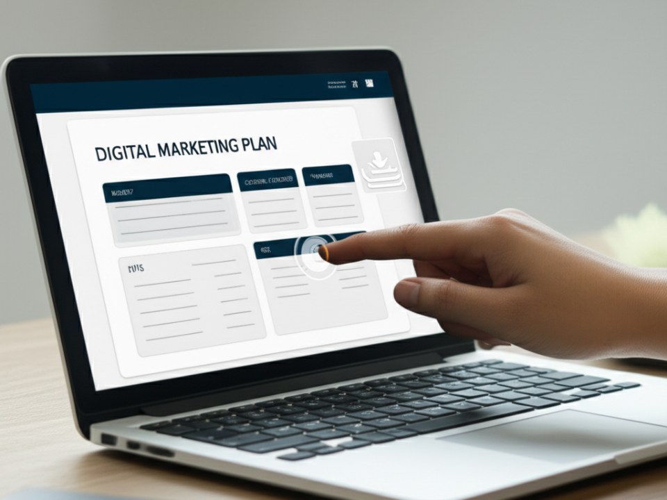 Màn hình laptop hiển thị mẫu kế hoạch digital marketing chi tiết sẵn sàng để tải về.