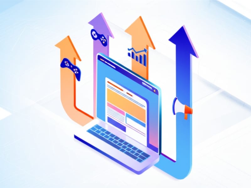 Biểu tượng minh họa các lợi ích vượt trội của website game chuyên nghiệp, bao gồm tăng trưởng và tương tác người chơi.