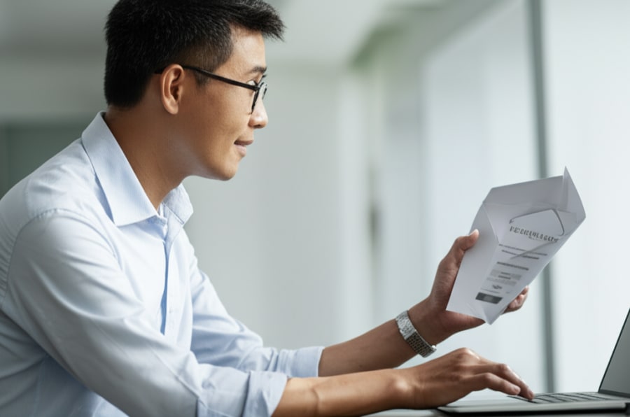 Khách mời người Việt đang xem thư mời sự kiện chuyên nghiệp, thể hiện sự cân nhắc và quyết định tham dự.