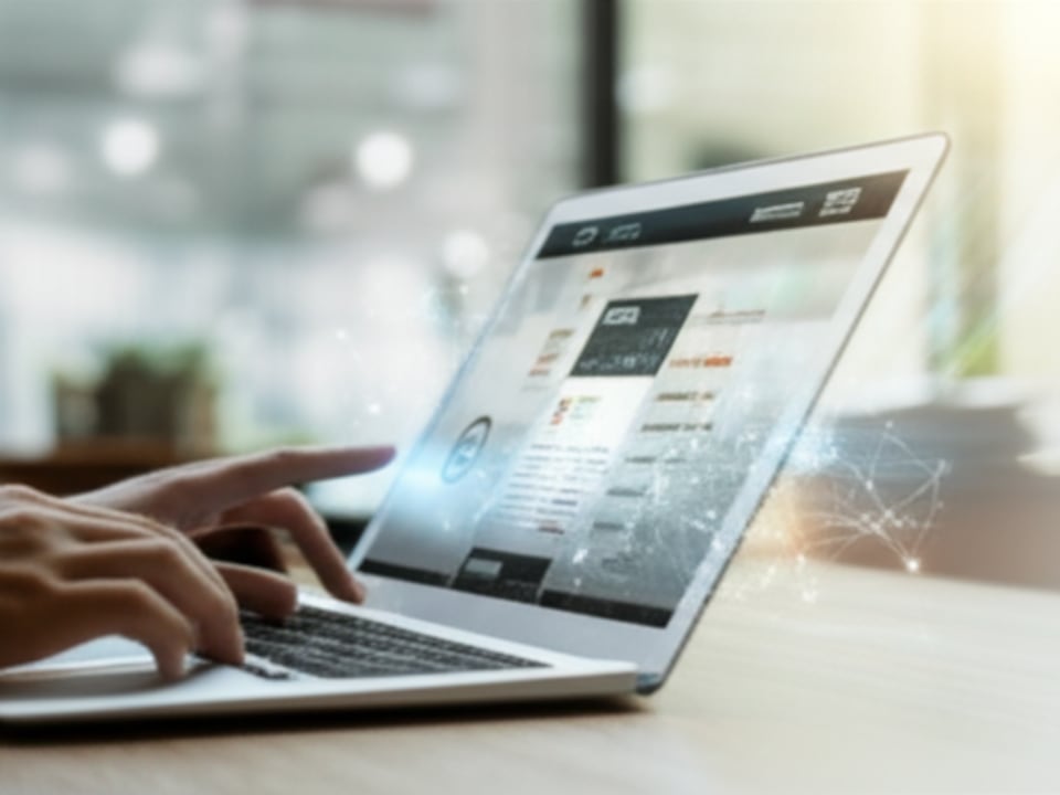 Màn hình laptop hiển thị website tối ưu với các yếu tố công nghệ như AI và SEO.