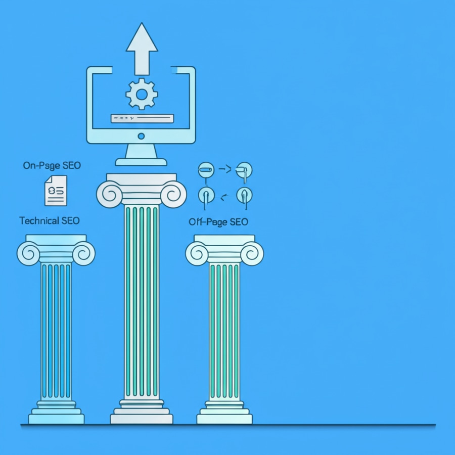 Ba trụ cột chính của SEO WordPress: On-page, Off-page và Technical SEO, hỗ trợ sự phát triển website.