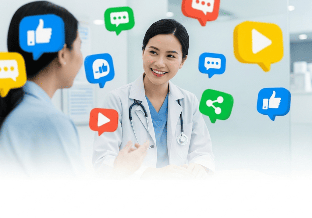 Bác sĩ và bệnh nhân tương tác qua các biểu tượng mạng xã hội, thể hiện việc xây dựng uy tín và kết nối cộng đồng