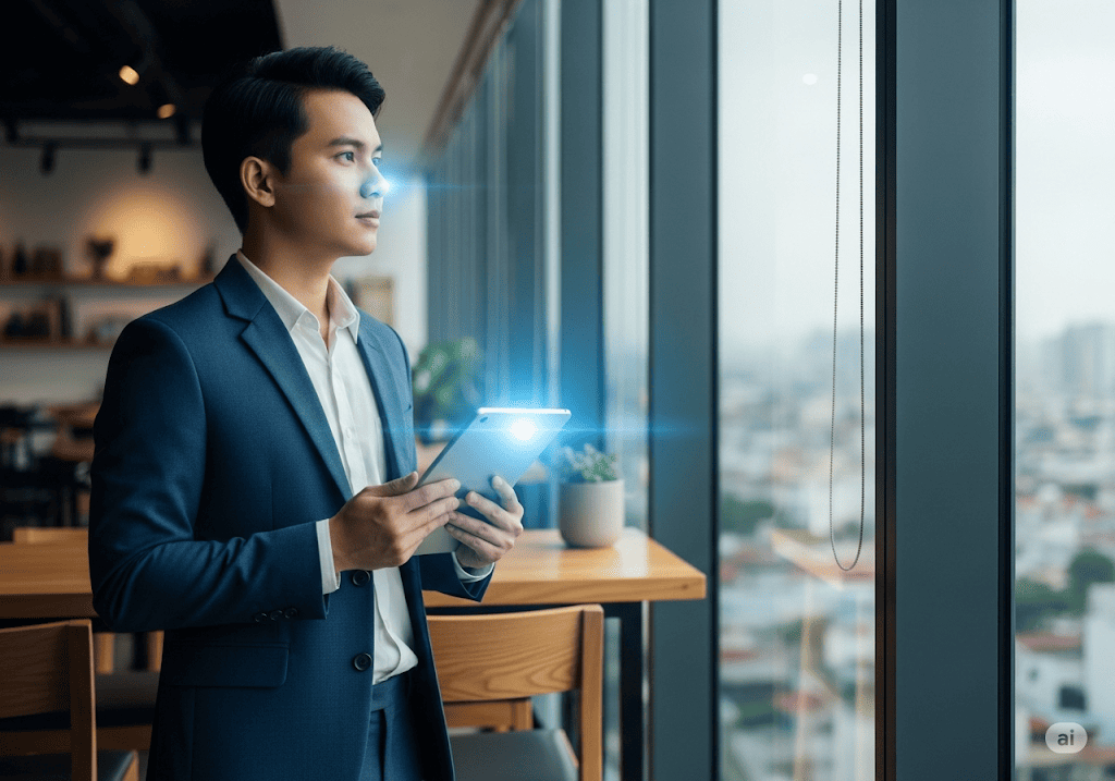 Doanh nhân Việt Nam tự tin nhìn về phía trước, tượng trưng cho việc nâng tầm chiến dịch marketing với nền tảng web vững chắc