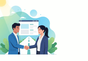 Hai doanh nhân Việt bắt tay, website hiện đại, biểu tượng hợp tác phát triển