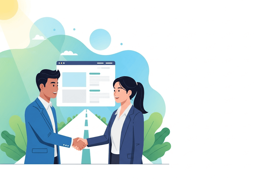 Hai doanh nhân Việt bắt tay, website hiện đại, biểu tượng hợp tác phát triển