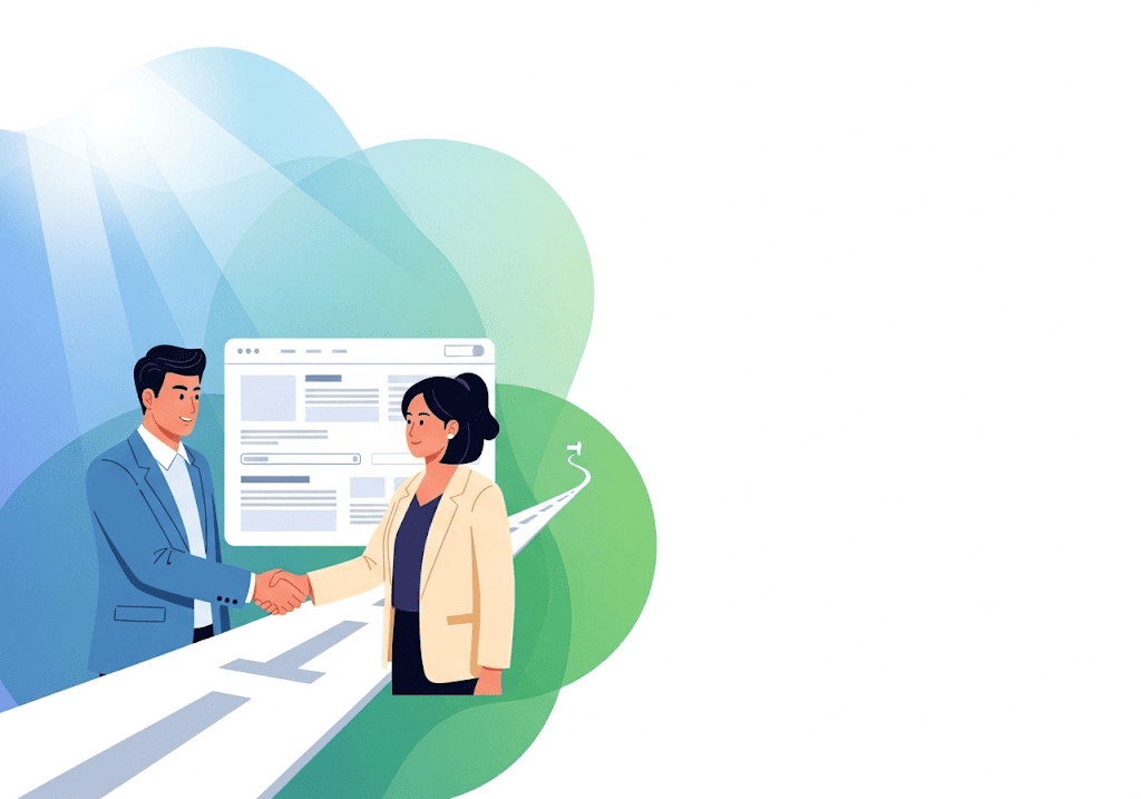 Hai doanh nhân Việt bắt tay, website hiện đại, biểu tượng hợp tác phát triển