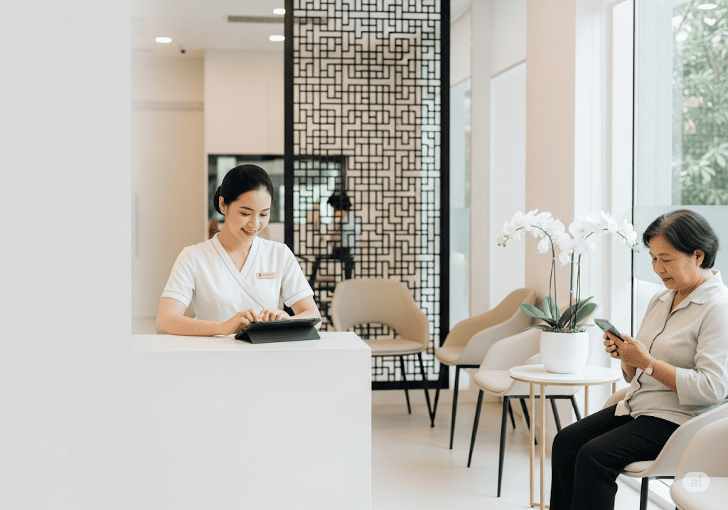 Hình ảnh phòng khám hiện đại với bệnh nhân và nhân viên tương tác qua thiết bị số, minh họa tầm quan trọng của marketing online