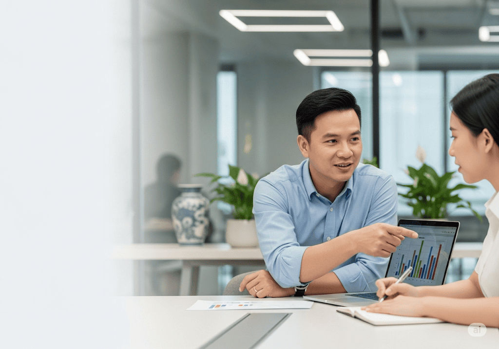 Marketing Leader Việt Nam đang hướng dẫn và đào tạo nhân sự trẻ trong văn phòng
