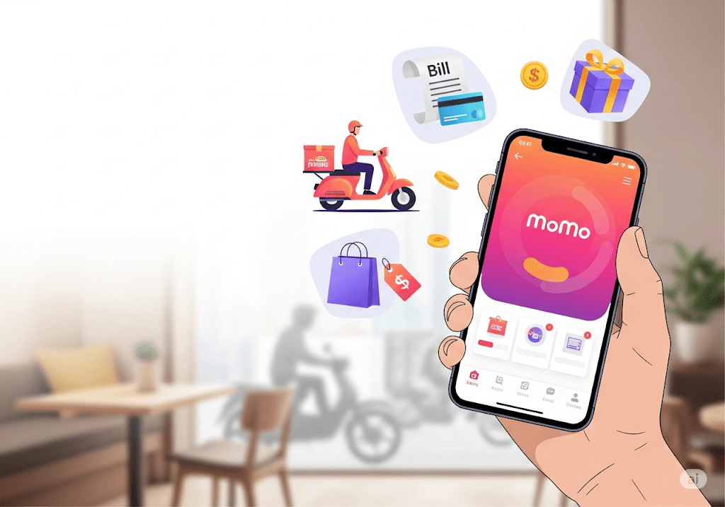 Minh họa siêu ứng dụng MoMo với các dịch vụ đa dạng trên điện thoại thông minh