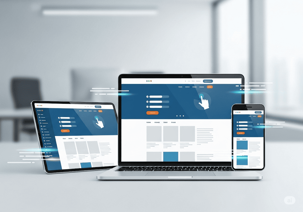 Minh họa website hiệu suất cao hiển thị trên nhiều thiết bị, thể hiện tốc độ và tính chuyên nghiệp