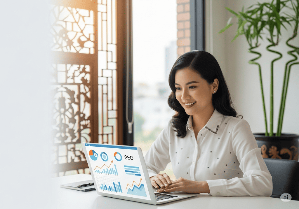 Người phụ nữ Việt Nam chuyên nghiệp đang tối ưu SEO cho website WordPress, thể hiện sự tăng trưởng và thành công