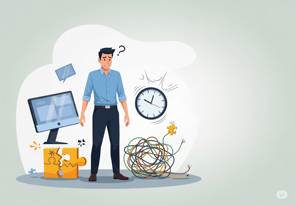 Người đàn ông bối rối trước rủi ro thiết kế web giá rẻ.