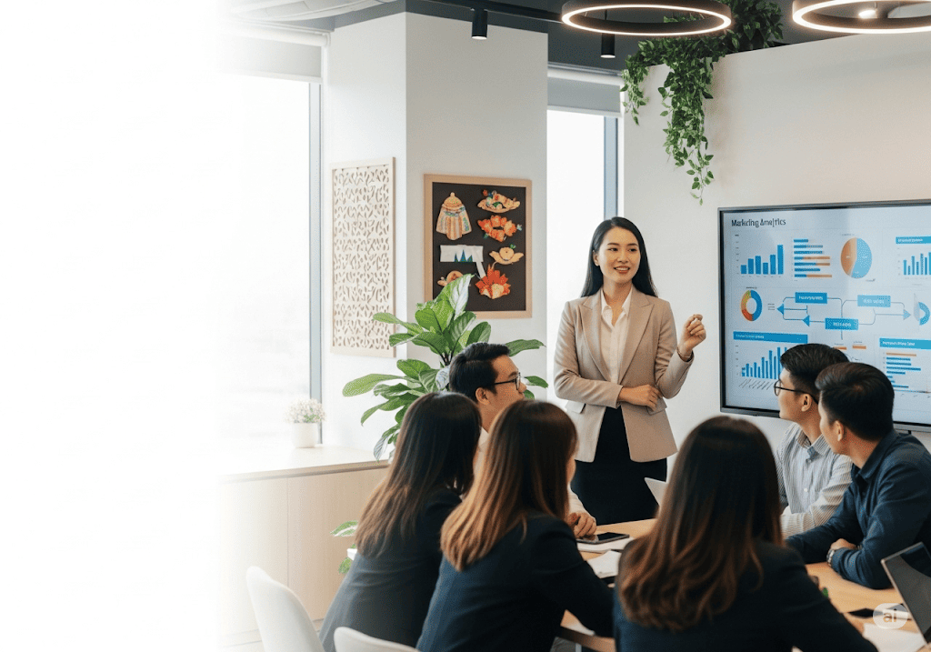 Nữ Marketing Leader Việt Nam đang định hướng chiến lược cùng đội ngũ trong văn phòng hiện đại