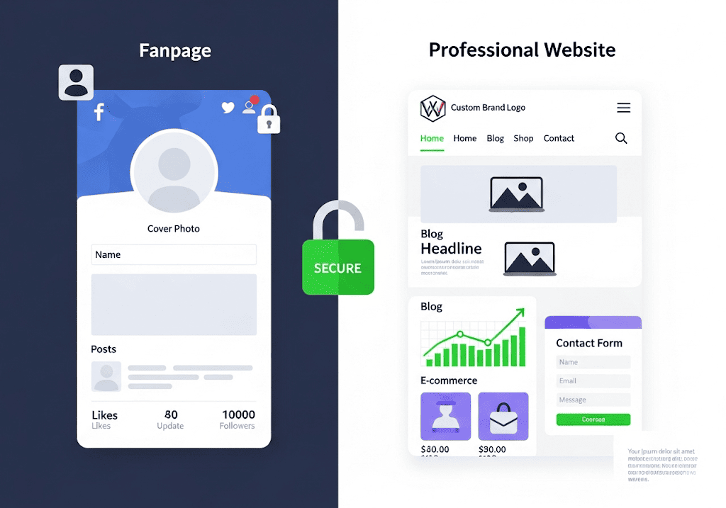So sánh website chuyên nghiệp và trang Fanpage, làm nổi bật ưu điểm website