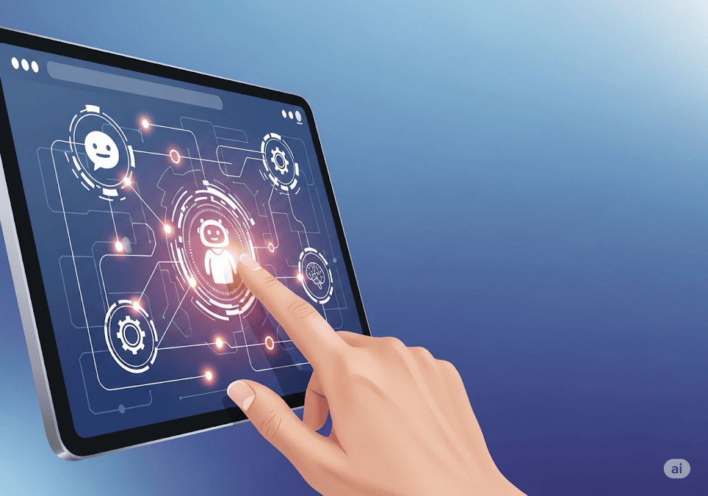 Website với biểu tượng AI và tự động hóa trên màn hình máy tính bảng.