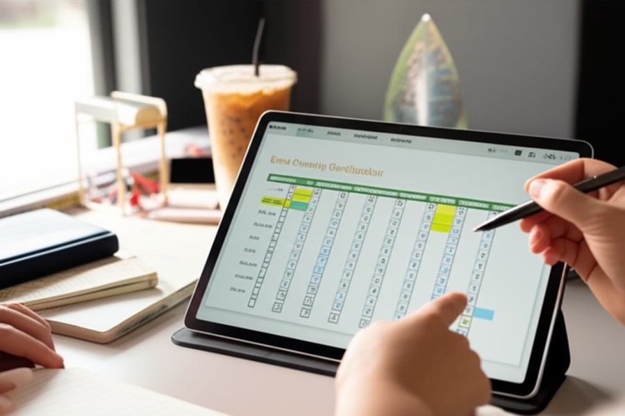Bàn tay đang chỉ vào checklist lập kế hoạch sự kiện chi tiết trên máy tính bảng.