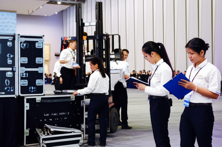 Đội ngũ nhân sự đang triển khai và điều phối công tác hậu cần sự kiện.