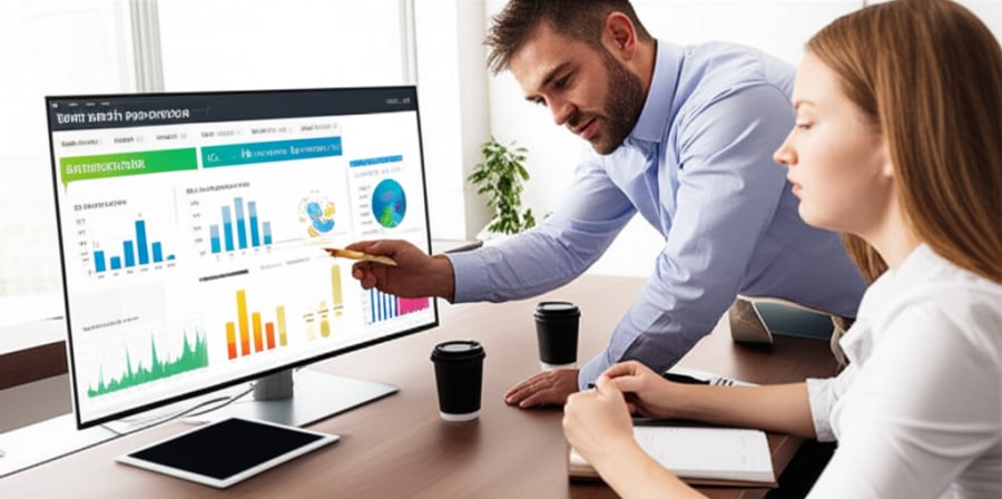 Hai chuyên gia đang phân tích dữ liệu và báo cáo hiệu quả sau sự kiện.