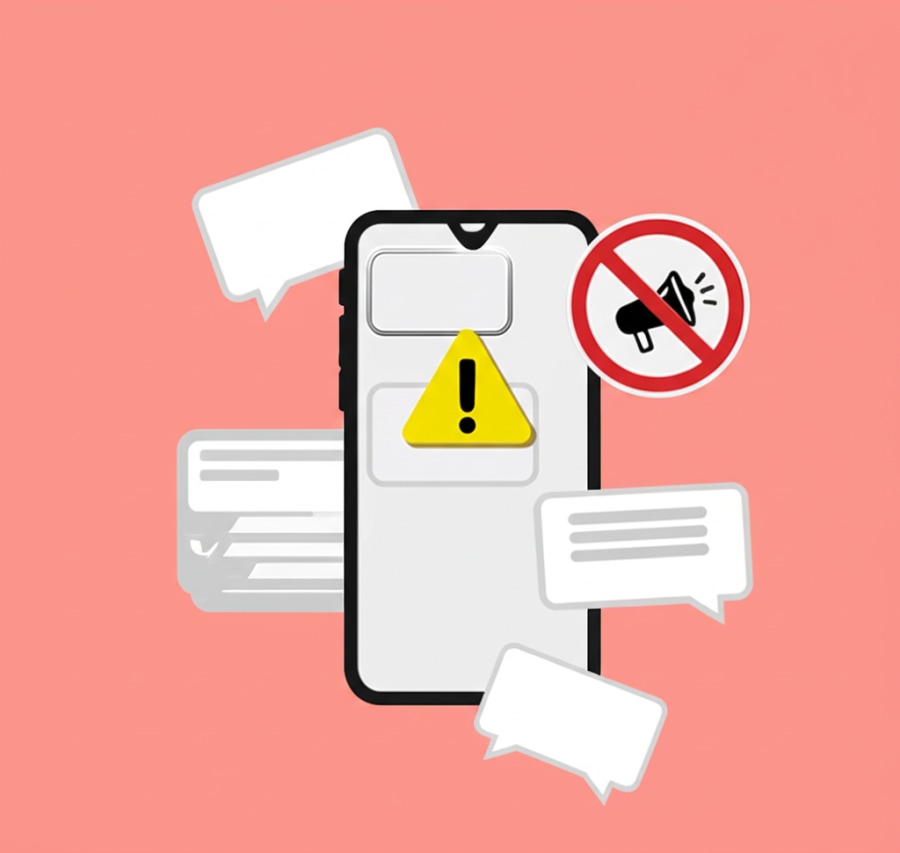 Hình ảnh điện thoại hiển thị biểu tượng cảnh báo, minh họa những lỗi sai cần tránh khi gửi tin nhắn chào hàng.