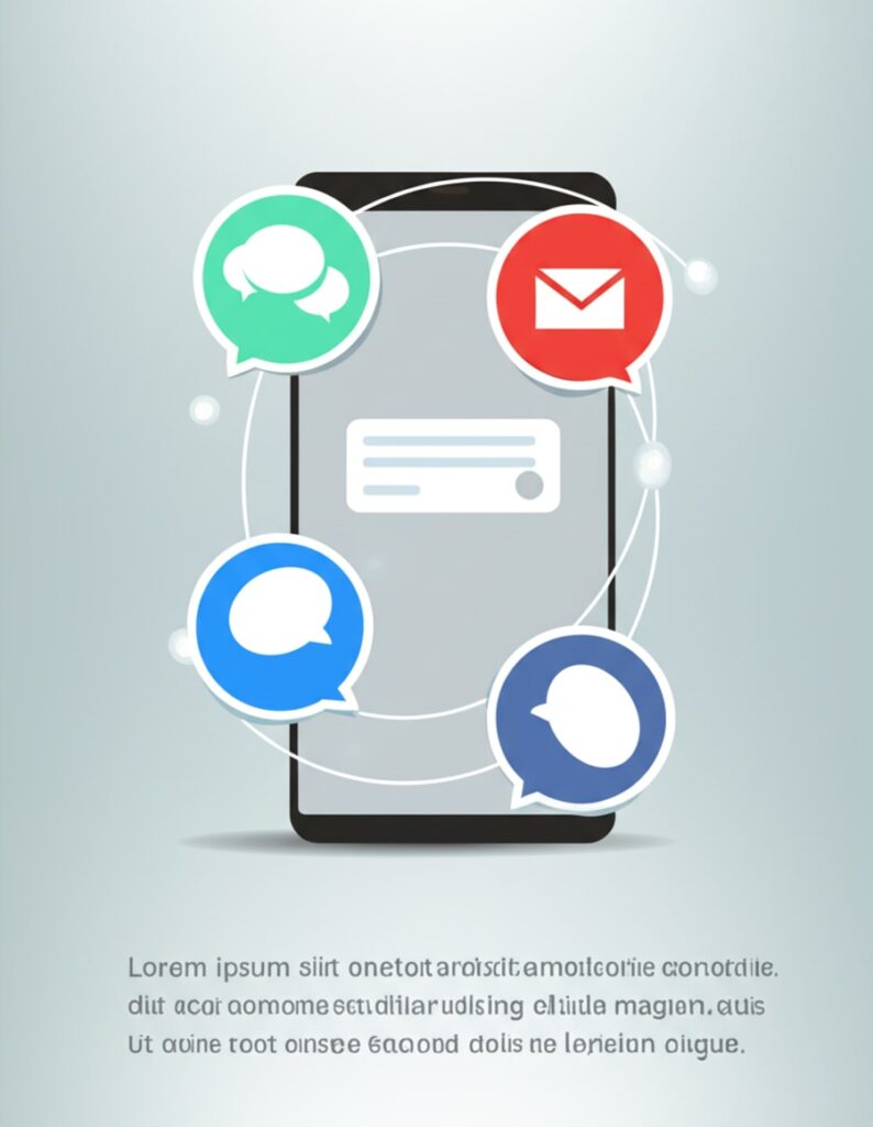 Hình ảnh minh họa các kênh giao tiếp phổ biến như Zalo, Facebook Messenger, SMS và Email, thể hiện sự đa dạng của tin nhắn chào hàng.