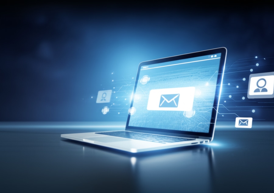 Hình ảnh máy tính hiển thị website, với các yếu tố tự động hóa như chatbot và email, tượng trưng cho cỗ máy bán hàng 24/7.